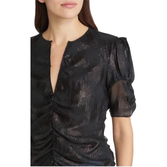 FRAME DENIM Ruched Metallic Jacquard Ruched Puff Short Sleeve Keyhole Blouse Top - Picture 7 of 11